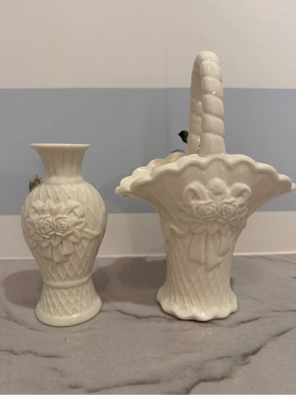 Porcelain White Floral Ceramic Vase and Basket Set